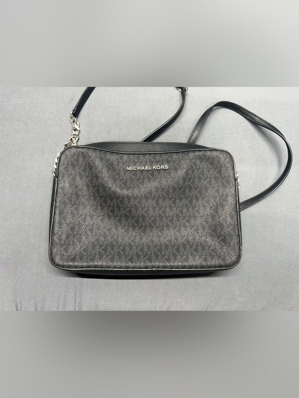 Michael Kors Women Jet Set Medium Logo Crossbody Black/Silver Bag